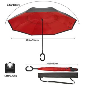 G4Free 62 Inch Large Reverse Umbrella with C-Shaped Handle, Windproof Upside Down Inverted Close Rain Umbrella for Women and Men (Black/Red)