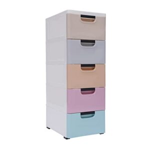 sanbousi 5 drawers plastic drawers dresser, tall standing organizer unit chests with wheels, storage closet cabinet clothes toys snacks organizer for home, bedroom, office (colorful)
