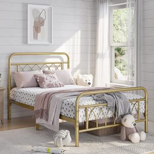 yaheetech twin bed frame metal platform bed with petal accented headboard/footboard/14.4 inch under bed storage/no box spring needed,antique gold