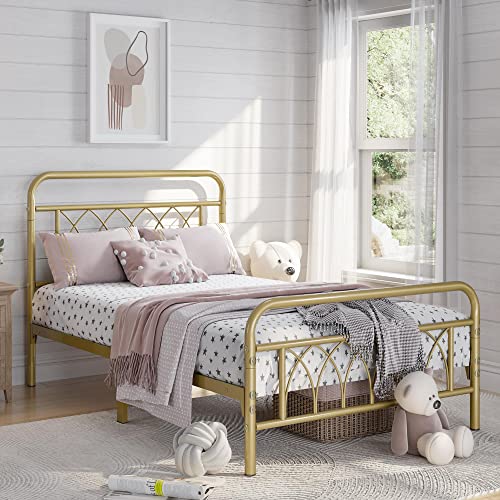 Yaheetech Twin Bed Frame Metal Platform Bed with Petal Accented Headboard/Footboard/14.4 Inch Under Bed Storage/No Box Spring Needed,Antique Gold