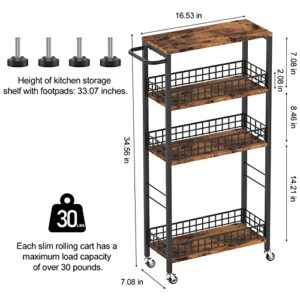 Slim Storage Cart Rolling Kitchen Cart with Wheels Narrow Laundry Storage Utility Cart 4 Tier Bathroom Mobile Shelving Unit Organizer with Wood Tabletop Trolly Cart with Handle for Small Spaces, Brown