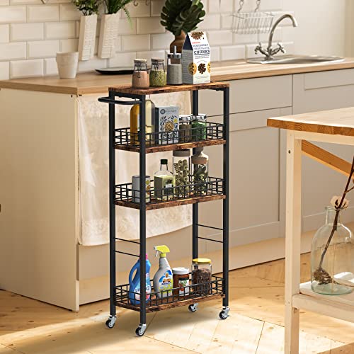 Slim Storage Cart Rolling Kitchen Cart with Wheels Narrow Laundry Storage Utility Cart 4 Tier Bathroom Mobile Shelving Unit Organizer with Wood Tabletop Trolly Cart with Handle for Small Spaces, Brown