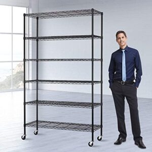 storage shelves heavy duty 6 tier wire shelving unit with wheels adjustable metal wire shelf 48" l×18" w×82" h standing garage shelves 2100 lbs weight capacity multifunctional home storage rack, black