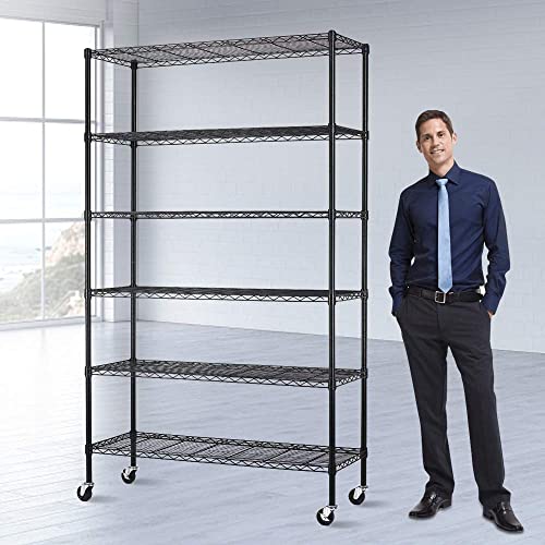 Storage Shelves Heavy Duty 6 Tier Wire Shelving Unit with Wheels Adjustable Metal Wire Shelf 48" L×18" W×82" H Standing Garage Shelves 2100 Lbs Weight Capacity Multifunctional Home Storage Rack, Black