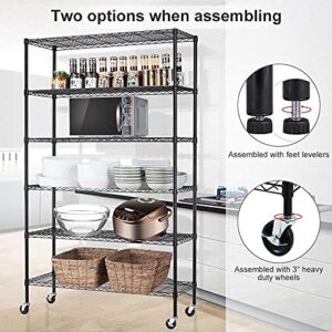 Storage Shelves Heavy Duty 6 Tier Wire Shelving Unit with Wheels Adjustable Metal Wire Shelf 48" L×18" W×82" H Standing Garage Shelves 2100 Lbs Weight Capacity Multifunctional Home Storage Rack, Black