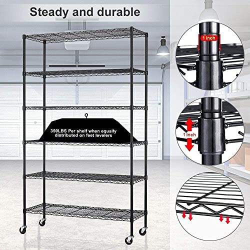 Storage Shelves Heavy Duty 6 Tier Wire Shelving Unit with Wheels Adjustable Metal Wire Shelf 48" L×18" W×82" H Standing Garage Shelves 2100 Lbs Weight Capacity Multifunctional Home Storage Rack, Black