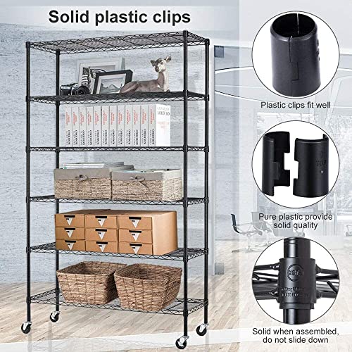 Storage Shelves Heavy Duty 6 Tier Wire Shelving Unit with Wheels Adjustable Metal Wire Shelf 48" L×18" W×82" H Standing Garage Shelves 2100 Lbs Weight Capacity Multifunctional Home Storage Rack, Black