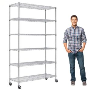 wire shelving unit with wheels, 6 tier adjustable metal shelving heavy duty storage shelves 2100 lbs capacity 48" l x 18" w x 82" h metal shelf for pantry kitchen basement, chrome
