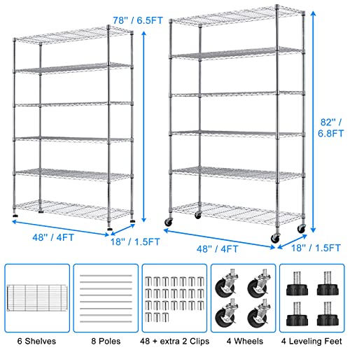 Wire Shelving Unit with Wheels, 6 Tier Adjustable Metal Shelving Heavy Duty Storage Shelves 2100 Lbs Capacity 48" L X 18" W X 82" H Metal Shelf for Pantry Kitchen Basement, Chrome