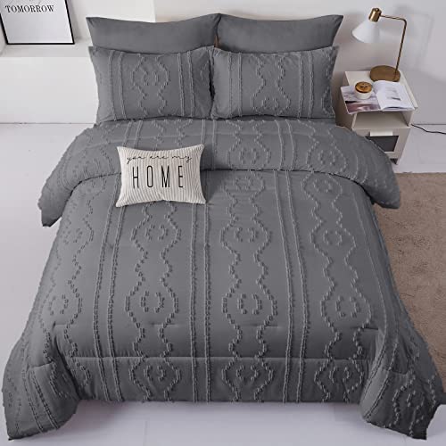 Luxudecor Dark Grey Boho Comforter Set Queen Size 7 Piece Bed in a Bag, Tufted Shabby Chic Comforter, Elegant Embroidery Bedding Set for All Season (Dark Grey, 90''x90'')