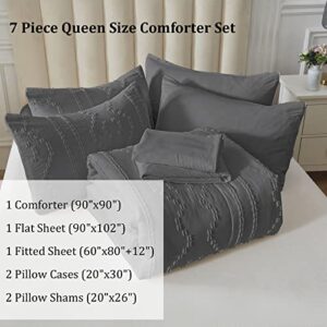 Luxudecor Dark Grey Boho Comforter Set Queen Size 7 Piece Bed in a Bag, Tufted Shabby Chic Comforter, Elegant Embroidery Bedding Set for All Season (Dark Grey, 90''x90'')