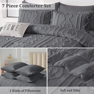 Luxudecor Dark Grey Boho Comforter Set Queen Size 7 Piece Bed in a Bag, Tufted Shabby Chic Comforter, Elegant Embroidery Bedding Set for All Season (Dark Grey, 90''x90'')