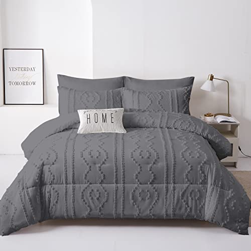 Luxudecor Dark Grey Boho Comforter Set Queen Size 7 Piece Bed in a Bag, Tufted Shabby Chic Comforter, Elegant Embroidery Bedding Set for All Season (Dark Grey, 90''x90'')