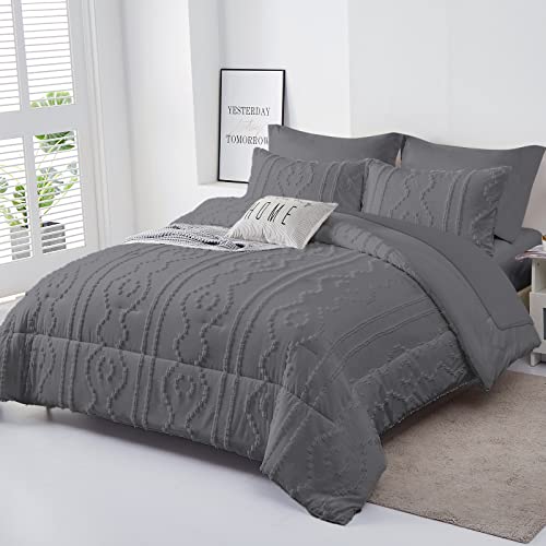 Luxudecor Dark Grey Boho Comforter Set Queen Size 7 Piece Bed in a Bag, Tufted Shabby Chic Comforter, Elegant Embroidery Bedding Set for All Season (Dark Grey, 90''x90'')