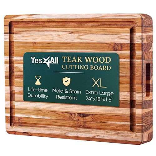 Yes4All Durable Teak Cutting Board for Kitchen, [24''L x 18''W x 1.5” Thick],Extra Large Edge Grain Wood Cutting Boards with Juice Groove, Hand Grips, Reversible