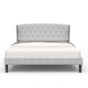bonsoir queen size bed frame upholstered traditional low profile platform with tufted wing back headboard/no box spring needed/no bed skirt needed/linen fabric upholstery/light grey (queen size)