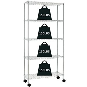 mghh 5 tier garage shelving, metal shelves wire shelving unit adjustable heavy duty sturdy steel shelving rolling cart with casters for pantry garage kitchen (chrome, 14" d x 30" w x 60" h)