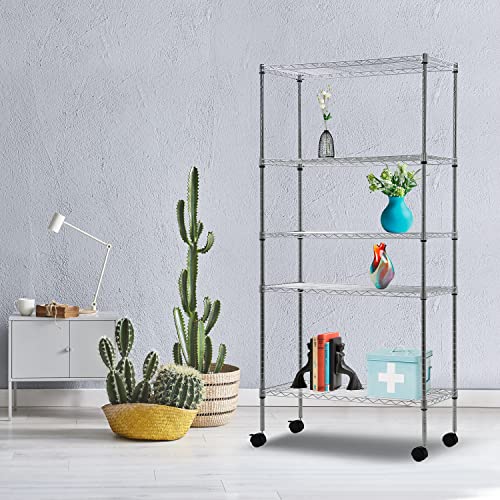 MGHH 5 Tier Garage Shelving, Metal Shelves Wire Shelving Unit Adjustable Heavy Duty Sturdy Steel Shelving Rolling Cart with Casters for Pantry Garage Kitchen (Chrome, 14" D x 30" W x 60" H)