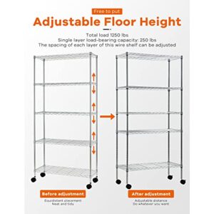 MGHH 5 Tier Garage Shelving, Metal Shelves Wire Shelving Unit Adjustable Heavy Duty Sturdy Steel Shelving Rolling Cart with Casters for Pantry Garage Kitchen (Chrome, 14" D x 30" W x 60" H)