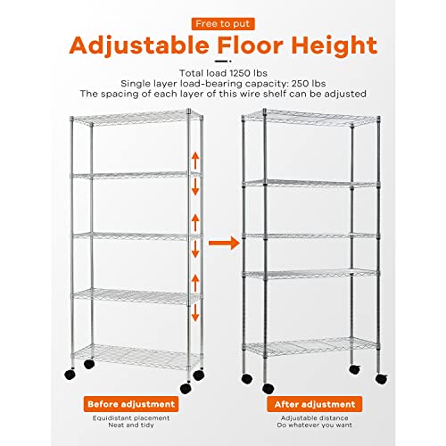 MGHH 5 Tier Garage Shelving, Metal Shelves Wire Shelving Unit Adjustable Heavy Duty Sturdy Steel Shelving Rolling Cart with Casters for Pantry Garage Kitchen (Chrome, 14" D x 30" W x 60" H)