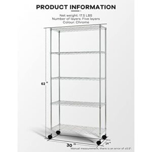 MGHH 5 Tier Garage Shelving, Metal Shelves Wire Shelving Unit Adjustable Heavy Duty Sturdy Steel Shelving Rolling Cart with Casters for Pantry Garage Kitchen (Chrome, 14" D x 30" W x 60" H)