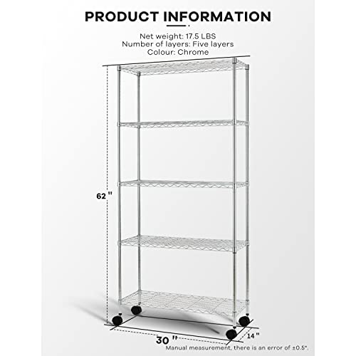 MGHH 5 Tier Garage Shelving, Metal Shelves Wire Shelving Unit Adjustable Heavy Duty Sturdy Steel Shelving Rolling Cart with Casters for Pantry Garage Kitchen (Chrome, 14" D x 30" W x 60" H)