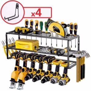 power tool organizer wall mount system - 7 slot carbon steel rack holds up to 170 pounds - accessory shelves and 4 hooks included - heavy duty utility racks, black