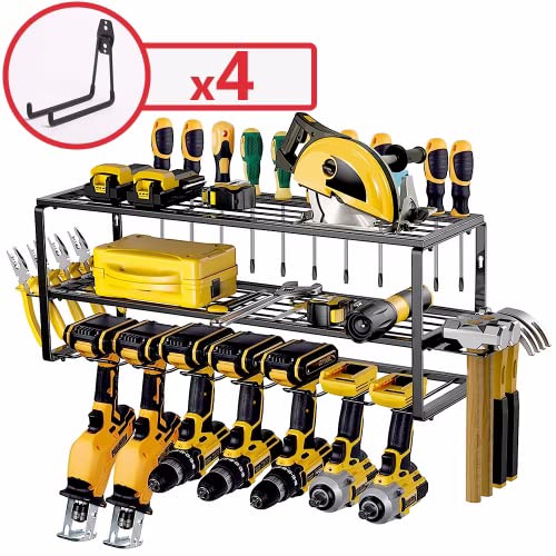 Power Tool Organizer Wall Mount System - 7 Slot Carbon Steel Rack Holds Up to 170 Pounds - Accessory Shelves and 4 Hooks Included - Heavy Duty Utility Racks, Black