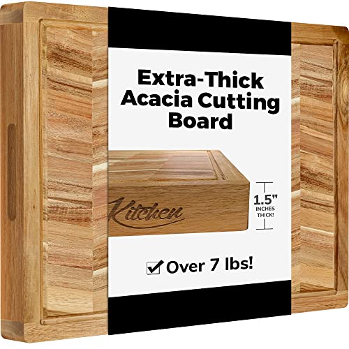 Extra Large Acacia Wood Cutting Board - Large Wooden Cutting Board for Kitchen w/Juice Grooves and Handles - Best Kitchen Cutting Boards for Chopping and Slicing or as a Charcuterie Plate