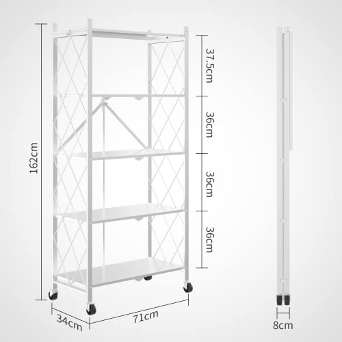 Muichi Folding Shelf 5-Tier, Foldable Shelves with Wheels, Heavy Duty Shelving Unit, Sturdy Metal Shelf Storage Organizer Rack for Kitchen, Garage, Home, Office, Garden (White)