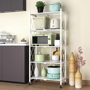 Muichi Folding Shelf 5-Tier, Foldable Shelves with Wheels, Heavy Duty Shelving Unit, Sturdy Metal Shelf Storage Organizer Rack for Kitchen, Garage, Home, Office, Garden (White)