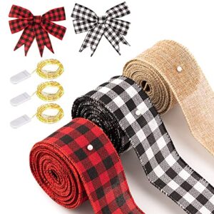 3 rolls christmas wired ribbons black red plaid ribbon, black white buffalo plaid ribbon and burlap ribbon for diy gift wrapping, holiday decorations(2 inch, with led)