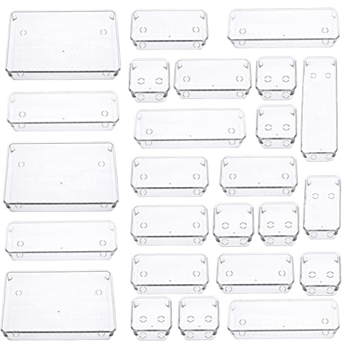 Cq acrylic 25 PCS Clear Plastic Drawer Organizers Set,4 Sizes Desk Drawer Dividers Trays Dresser Storage Bins Separation Box for Makeup, Jewelries and Gadgets,Bedroom,Bathroom,Office