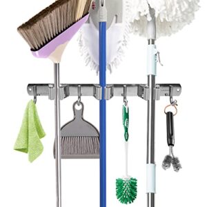 zikopomi broom holder wall mount, stainless steel heavy duty 16 inch mop and broom holder self-adhesive multi purpose tool organizer for kitchen pantry laundry room garden tools garage organization
