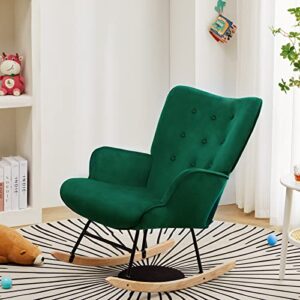 IDEALISMLIVING Rocking Chair, Nursery Glider Rocker Chair with Linen Fabric, Boho Chair with Solid Wood, Nursery Rocking Armchair for Baby Room, Rocking Chair Nursery for Living Room Bedroom (Green)