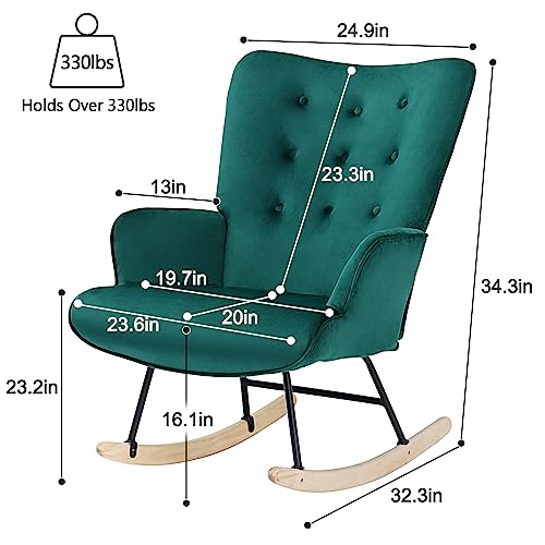 IDEALISMLIVING Rocking Chair, Nursery Glider Rocker Chair with Linen Fabric, Boho Chair with Solid Wood, Nursery Rocking Armchair for Baby Room, Rocking Chair Nursery for Living Room Bedroom (Green)