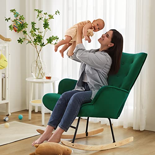 IDEALISMLIVING Rocking Chair, Nursery Glider Rocker Chair with Linen Fabric, Boho Chair with Solid Wood, Nursery Rocking Armchair for Baby Room, Rocking Chair Nursery for Living Room Bedroom (Green)