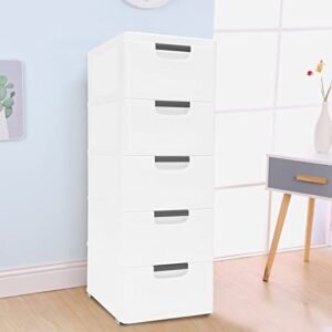 5 drawer plastic dresser storage tower, organizer unit stable cart on wheels waterproof plastic cabinet with locked drawer for bedroom apartment, white
