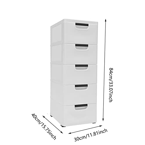 5 Drawer Plastic Dresser Storage Tower, Organizer Unit Stable Cart on Wheels Waterproof Plastic Cabinet with Locked Drawer for Bedroom Apartment, White