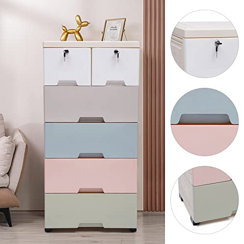 LOYALHEARTDY Plastic Drawers Dresser with 6 Drawers Storage Cabinet Closet Drawers Cabinet 5 Layer Office Storage Organizer for Clothes Toys File with 2 Lock