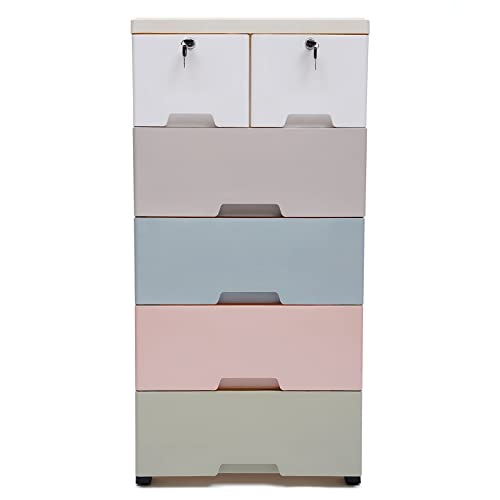 LOYALHEARTDY Plastic Drawers Dresser with 6 Drawers Storage Cabinet Closet Drawers Cabinet 5 Layer Office Storage Organizer for Clothes Toys File with 2 Lock