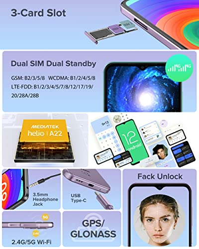 Ulefone Unlocked Smartphone, Note 14 Cell Phone Unlocked, Android 12, 6.52" IPS Full-Screen, 4500mAh, 7GB + 16GB, Triple Card Slots, 8MP Camera, Dual SIM, Face Recognition, 4G Cheap Phones - Green