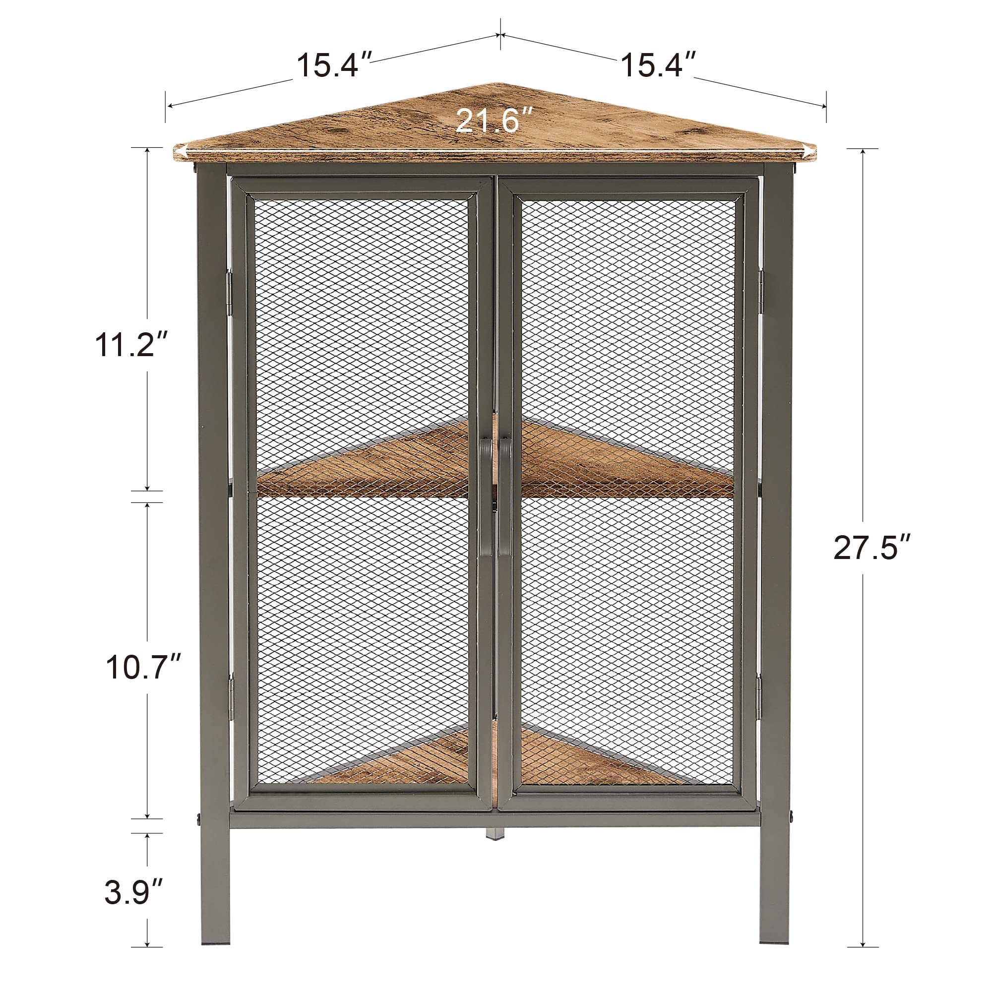 VECELO 3 Tier Corner Cabinet Shelf, Floor Standing Storage Organizer Shelves with Grid Doors for Small Space, Living Room, Bedroom, Kitchen, Balcony, Grey