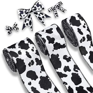 3 rolls wired cow grosgrain ribbon, 15 yards wired cow print ribbon black and white ribbon animal print ribbon, cow spot pattern ribbon, animal print ribbon for wreath bow diy crafts party decoration