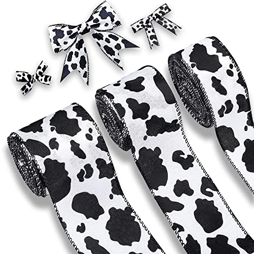 3 Rolls Wired Cow Grosgrain Ribbon, 15 Yards Wired Cow Print Ribbon Black and White Ribbon Animal Print Ribbon, Cow Spot Pattern Ribbon, Animal Print Ribbon for Wreath Bow DIY Crafts Party Decoration