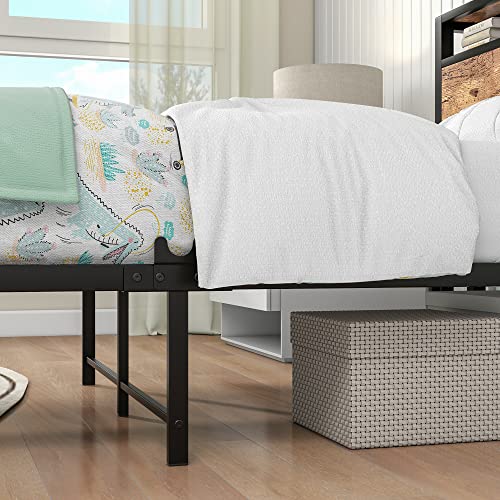 BOFENG Metal Bed Frame Twin Size with 2-Tier Storage Wooden Headboard/USB Charging Station,Heavy Duty Metal Platform Bed Frames No Box Spring Needed,Mattress Foundation Firm Steel Slat Support