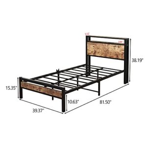 BOFENG Metal Bed Frame Twin Size with 2-Tier Storage Wooden Headboard/USB Charging Station,Heavy Duty Metal Platform Bed Frames No Box Spring Needed,Mattress Foundation Firm Steel Slat Support