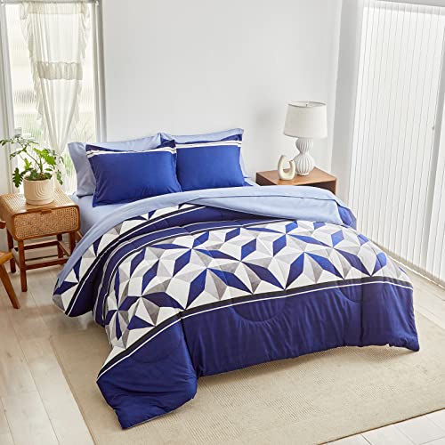 UOZZI BEDDING Stripes Bed in a Bag Queen Size 7 Pieces Navy White Comforter Sheet Set with Diamond All Season Bed Comforter Set (1 Comforter 2 Pillow Shams 1 Flat Sheet 1 Fitted Sheet 2 Pillowcases)