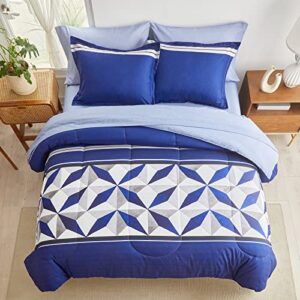 UOZZI BEDDING Stripes Bed in a Bag Queen Size 7 Pieces Navy White Comforter Sheet Set with Diamond All Season Bed Comforter Set (1 Comforter 2 Pillow Shams 1 Flat Sheet 1 Fitted Sheet 2 Pillowcases)