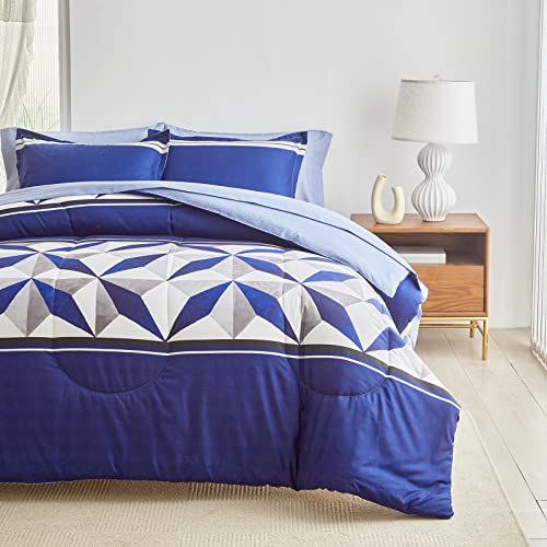 UOZZI BEDDING Stripes Bed in a Bag Queen Size 7 Pieces Navy White Comforter Sheet Set with Diamond All Season Bed Comforter Set (1 Comforter 2 Pillow Shams 1 Flat Sheet 1 Fitted Sheet 2 Pillowcases)